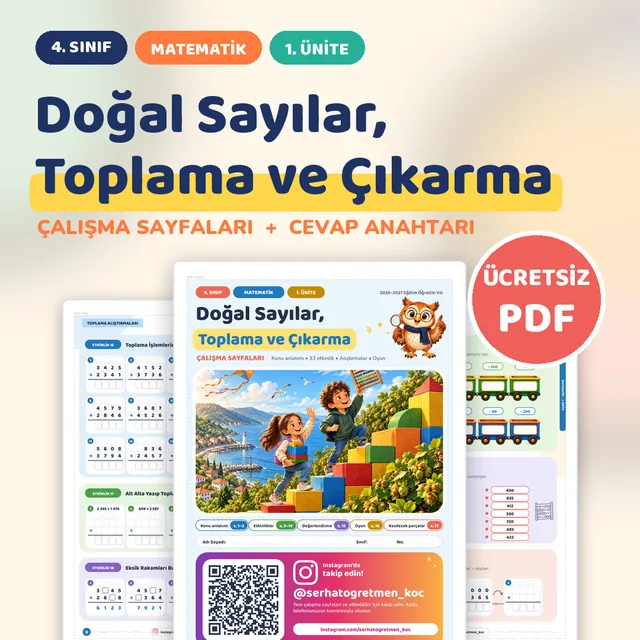 4. Sınıf Matematik 1. Ünite Doğal Sayılar, Toplama ve Çıkarma Çalışma Sayfaları